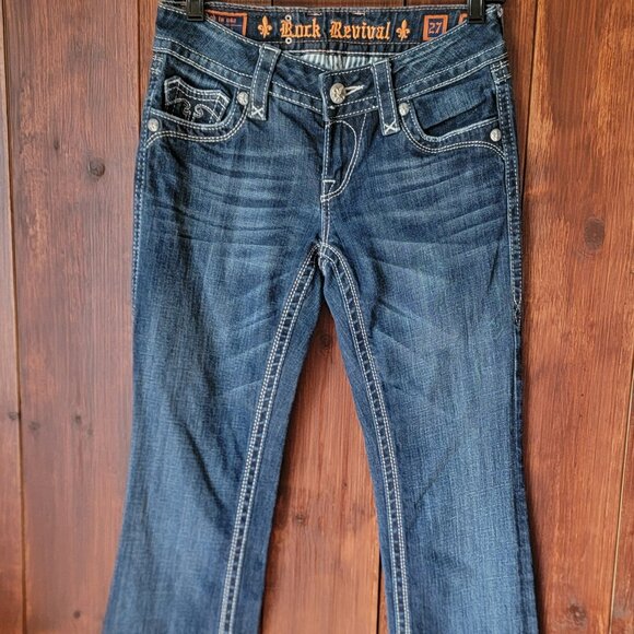 Rock Revival Women Deborah Boot Cut Jean 27 Med/Dark Wash Silver Metallic Stitch - Picture 2 of 15